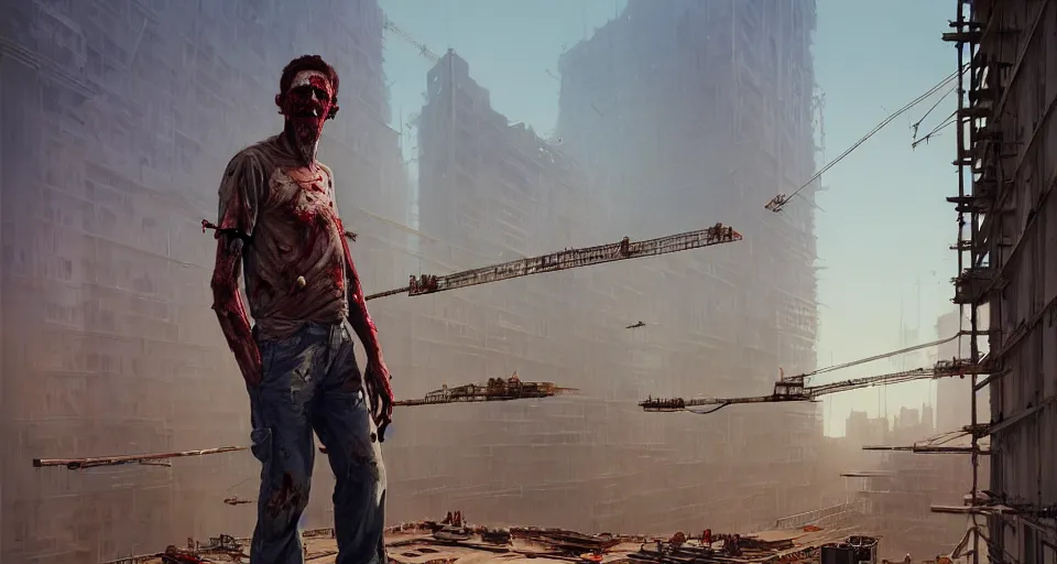 Image similar to highly detailed portrait construction worker zombie in gta v, building construction site, stephen bliss, unreal engine, fantasy art by greg rutkowski, loish, rhads, ferdinand knab, makoto shinkai and lois van baarle, ilya kuvshinov, rossdraws, tom bagshaw, global illumination, radiant light, detailed and intricate environment