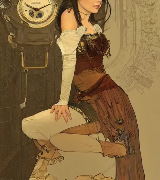 Prompt: woman model, minimal steampunk clothes, in a bedroom!!!!!!!!!!!!!!!!!!!!, elegant, highly detailed, digital painting, artstation, concept art, smooth, sharp focus, illustration, art by krenz cushart and artem demura and alphonse mucha