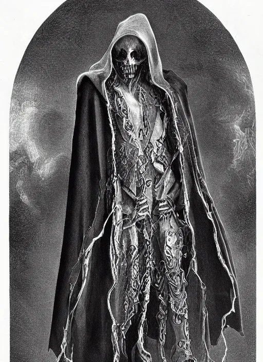 Prompt: fineart illustration of the necromancer wearing a black cloak, hyper detailed, crisp