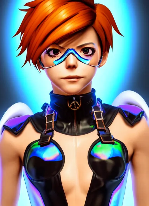 Image similar to portrait bust digital artwork of tracer overwatch, wearing iridescent rainbow latex and leather straps catsuit outfit, 4 k, expressive whistling face, makeup, in style of mark arian, angel wings, wearing detailed leather collar, chains, black leather harness, detailed face and eyes,
