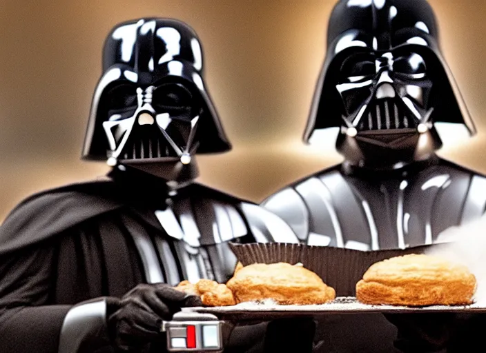 Prompt: film still of Darth Vader working as a pastry chef in the new Star Wars movie, 4k