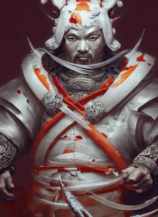 Image similar to subsurface scattering, white, koi, samurai deity with koi armor, floating ribbons, octane render, by jesper ejsing, james jean, justin gerard, tomasz alen kopera, cgsociety and fenghua zhong, highly detailed, rim light, cinematic lighting, art, very coherent, cinematic, hyper realism, high detail, 8 k