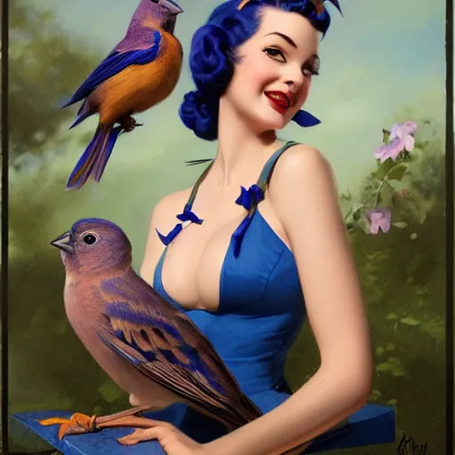 Prompt: portrait of a pinup girl holding an indigo bunting, bird, the bird is wearing a bowtie, by greg rutkowski, rossdraws, gil elvgren, enoch bolles, anime, porcelain skin, very coherent