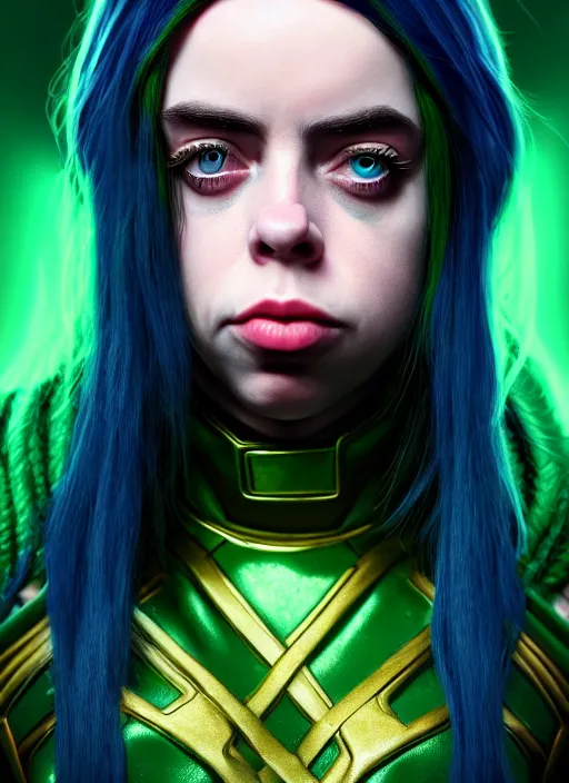 Prompt: Billie Eilish as Female Loki, very detailed, digital art, trending on artstation, smooth render, 8k octane render, digital illustration