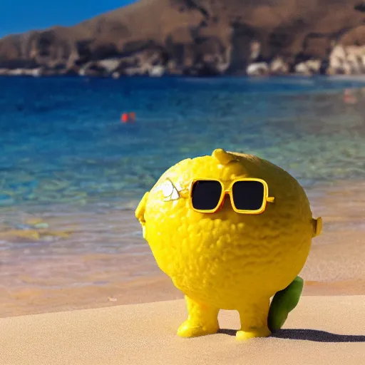 Prompt: a lemon character wearing sunglasses on the beach, disco diffusion style