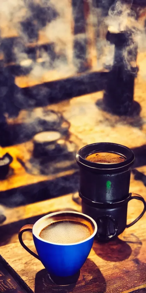 Image similar to metal mug, filled with steaming hot coffee, standing on a table. future. japan. cyberpunk style. closeup. colorful.