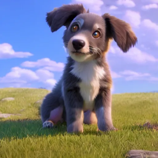 Image similar to a wholesome animation key shot of a grey and copper colored australian shepherd puppy, studio ghibli, pixar and disney animation, sharp, rendered in unreal engine 5, anime key art by greg rutkowski, bloom, dramatic lighting