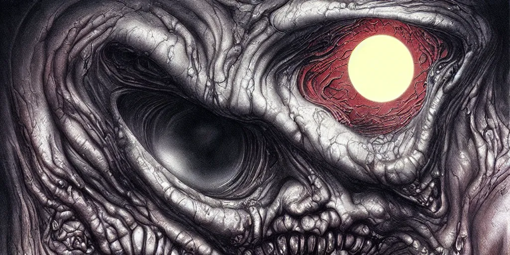 Image similar to the eclipse from berserk, golden ratio, creepy, melting, since, horror, art by wayne barlowe, giger, artgerm