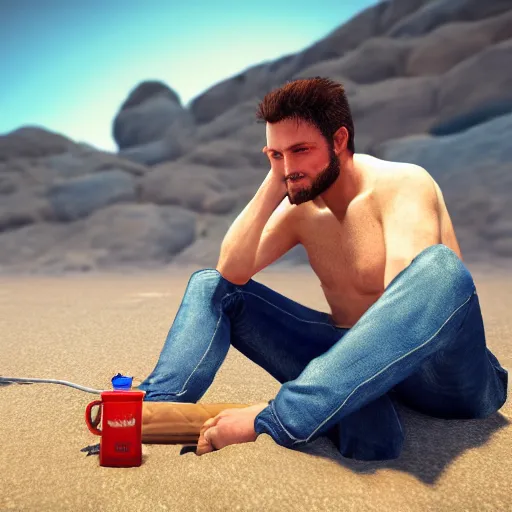 Prompt: a man chilling on the beach drinking golden premium gasoline, realistic, hdr, clear image, hdd, dynamic lighting, rtx on,