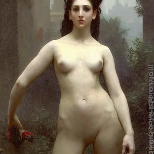 Image similar to painting of a fully - clothed cyberpunk android by william bouguereau, fully clothed in futuristic armor, safe for work, high resolution