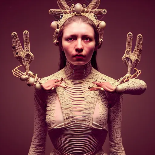 Image similar to Caravaggio style full body Photography of Highly detailed beautiful Woman with 1000 years detailed face and wearing detailed Ukrainian folk costume designed by Taras Shevchenko also wearing highly detailed retrofuturistic sci-fi Neural interface designed by Josan Gonzalez. Many details In style of Josan Gonzalez and Mike Winkelmann and andgreg rutkowski and alphonse muchaand and Caspar David Friedrich and Stephen Hickman and James Gurney and Hiromasa Ogura. Rendered in Blender and Octane Render volumetric natural light