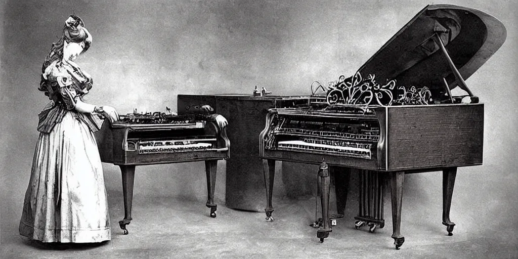 Image similar to complex steampunk piano designed by davinci, vintage photo