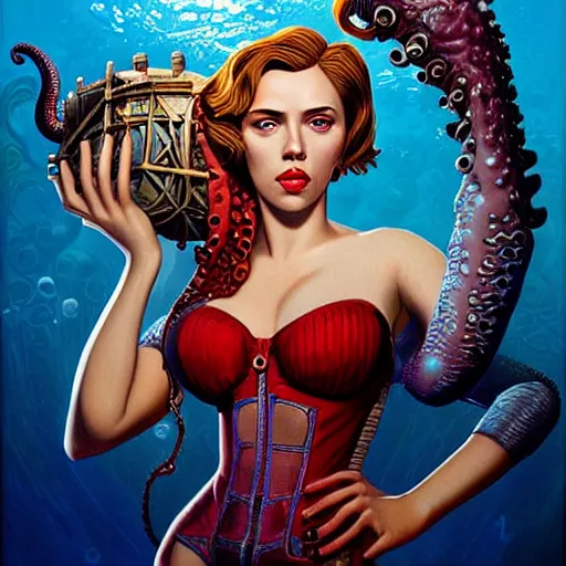 Image similar to lofi underwater bioshock portrait of scarlett johansson in swimsuit with giant octopus, Pixar style, by Tristan Eaton Stanley Artgerm and Tom Bagshaw.