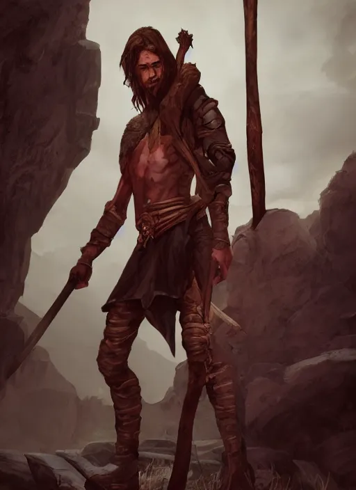 Image similar to an epic fantasy comic book style portrait painting of a skinny, lean and cruel man with a cudgel who bosses around children in a cave, unreal 5, daz, hyperrealistic, octane render, cosplay, rpg portrait, dynamic lighting