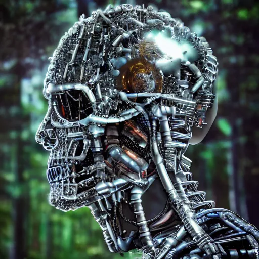 Image similar to super detailed portrait of a terminator's head, packed with cybernetics and and borg enhancements. In a forest with bokeh. Lots of Gears visible. Vegetation id growing out of it