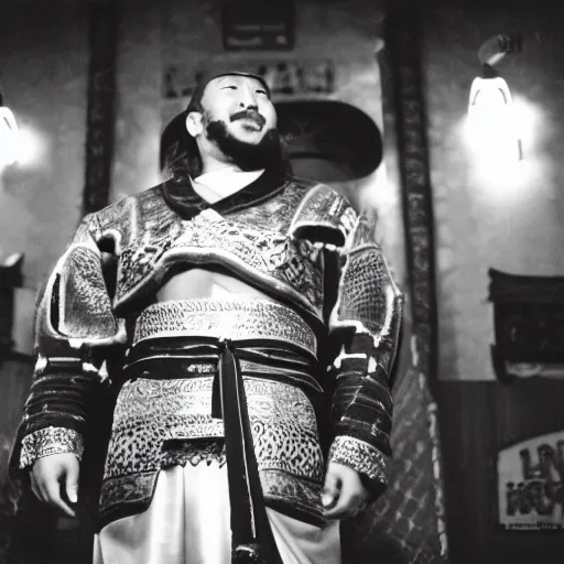 Image similar to Genghis Khan doing stand-up at The Laugh Factory, low angle, 35mm film