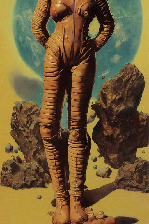 Image similar to 5 0 s pulp scifi fantasy illustration full body portrait slim mature woman in leather spacesuit on mars, by norman rockwell, roberto ferri, daniel gerhartz, edd cartier, jack kirby, howard v brown, ruan jia, tom lovell, frank r paul, jacob collins, dean cornwell, astounding stories, amazing, fantasy, other worlds