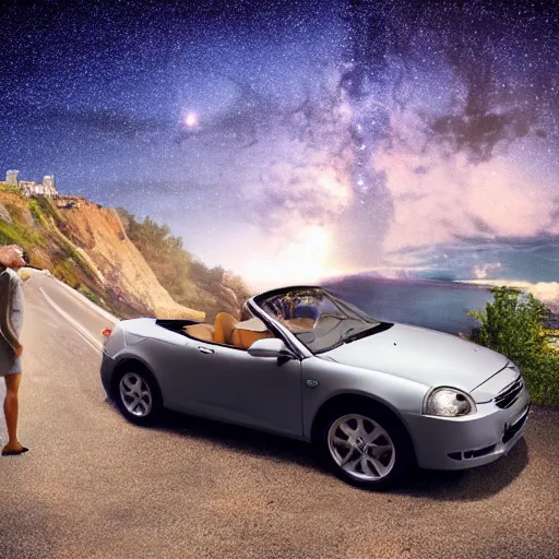 Image similar to realistic photo of man and woman in a convertible car parked near a cliff, gazing at the stars. big dipper. romantic