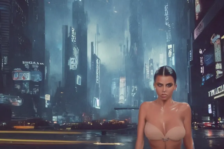 Prompt: 8 k hyper realistic close range night shot of blade runner 2 0 4 7 with adriana chechik!!!!!! as a hologram from a digital signage, transparent skin with imperfections, very small lips, blue suit. long blonde hair flowing in the wind. urban landscape in the background. lenses 5 0 mm