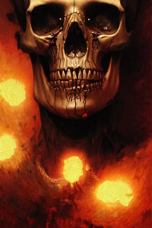 Prompt: skull with glowing runes etched into the bone, erupting out of a face, extreme close up, horrific, extreme detail, visceral, portrait dnd, painting by gaston bussiere, craig mullins, greg rutkowski, yoji shinkawa