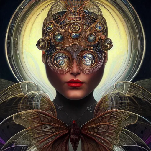 Image similar to beautiful closeup portrait of an art deco faerie queen, glowing eyes. reflective detailed textures, moth wings, highly detailed dark fantasy science fiction painting by tom bagshaw and michael whelan and diego rivera and annie swynnerton and jean delville and moebius and adolf wolfli, elaborate geometric ornament, ancient runes, silver and cool colors. artstation