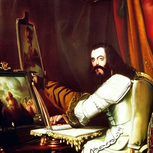 Image similar to russian tsar Peter The Great 18th century installs operating system on desktop computer oil painting, detailed, artfully traced, 4k resolution, cinematic, dramatic