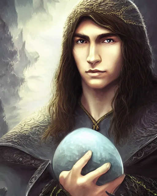 Prompt: portrait of elven teenage boy mage with long black hair holding dragon egg by artgerm modern fantasy 4 k ultra high resolution