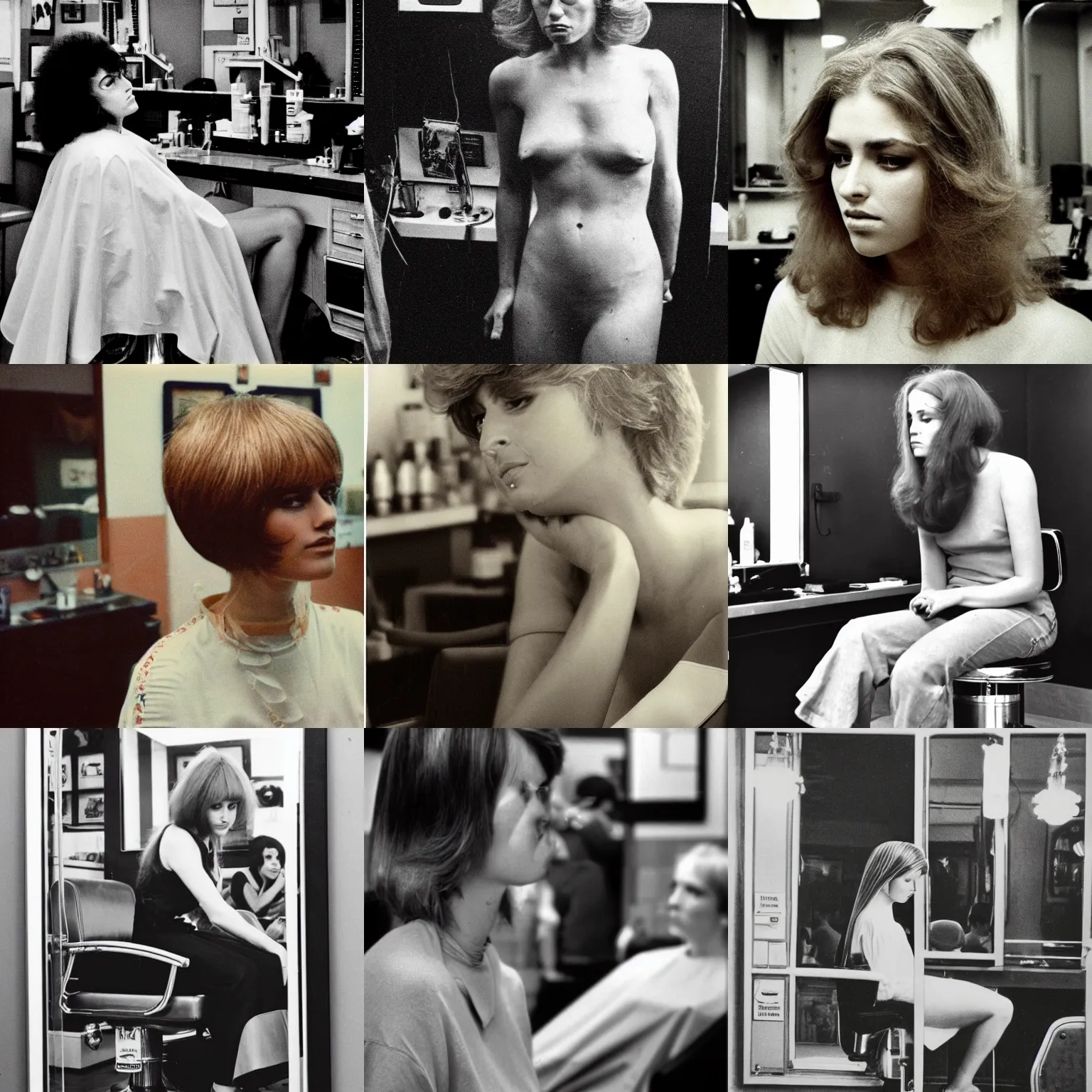 Prompt: an analog photo of a 1970s beautiful woman, sad, with horrible haircut in a barber shop