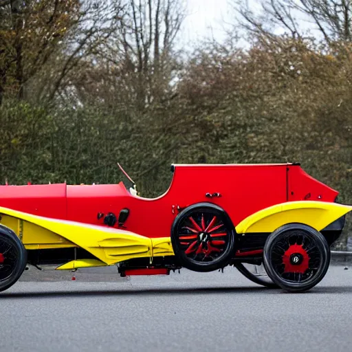 Prompt: a classic 1912 racing car that flys with red and yellow wings