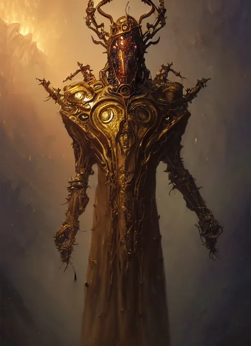 Image similar to slender high priest with dark and gold biomechanical robe, subsurface scattering, by jesper ejsing, justin gerard, tomasz alen kopera, cgsociety and fenghua zhong, highly detailed, rim light, cinematic lighting, illustration, art, octane render, very coherent, cinematic, hyper realism, high detail, octane render, 8 k