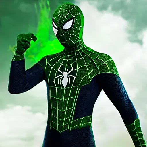 Image similar to green spider - man suit with black web lining, cinematic, volumetric lighting, realistic, hyperdetailed, photorealistic, photograph