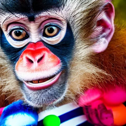 Image similar to a photo of a monkey with clown paint