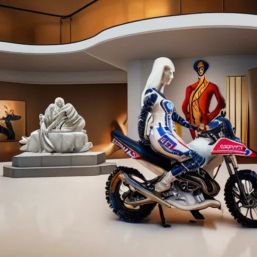 Image similar to a hyper detailed realistic cinematic lit scene in the guggenheim museum of a white armless marble statue of a woman, with a motorcycle in background with motocross colors and corporate logos in the style of virgil abloh, offwhite, louis vuitton, denoise, vogue, brooklyn museum, catalog