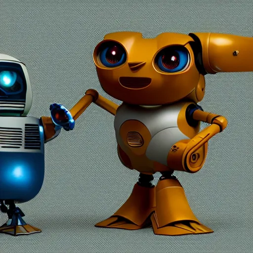 Image similar to two small chubby bots, colourful, smooth panelling,, intricate detail, pushing a battery, style of cute pokemon, with damaged rusty arms, broken antenna, recycled, floating, white studio, oil, mechanical, cute toy, wall - e, ambient light, in the style of pixar animation, pokedstudios, hyperdetailed, blender, octane render, 8 k,