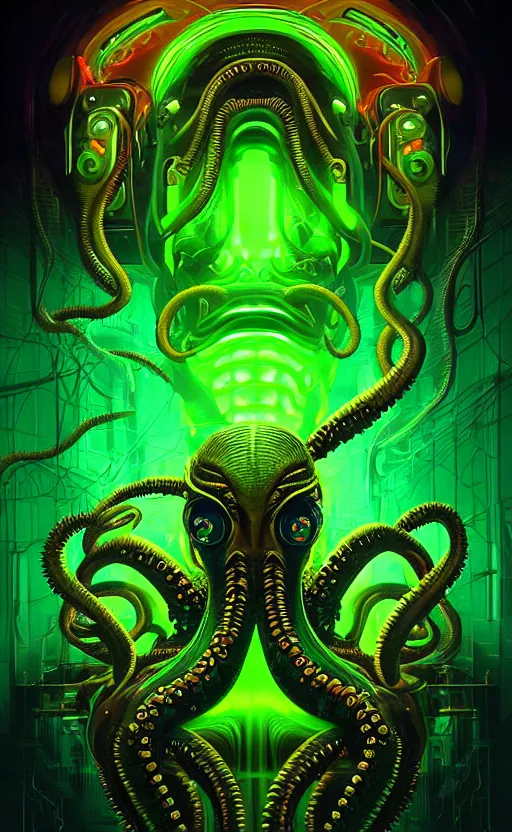 Prompt: poster style, a beautiful and terrifying painting with high details a digital portrait of lovecraftian tech god, green neon cyber cthulhu, cyber noir, movie atmosphere, movie lights, 8 k, light effect, rtx on, trending on artstation, by kilian eng, lee madgwick, bastien lecouffe - deharme