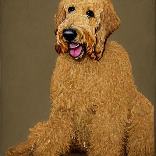 Prompt: light haired golden doodle painted as portrait of a queen intricate, hyper detailed