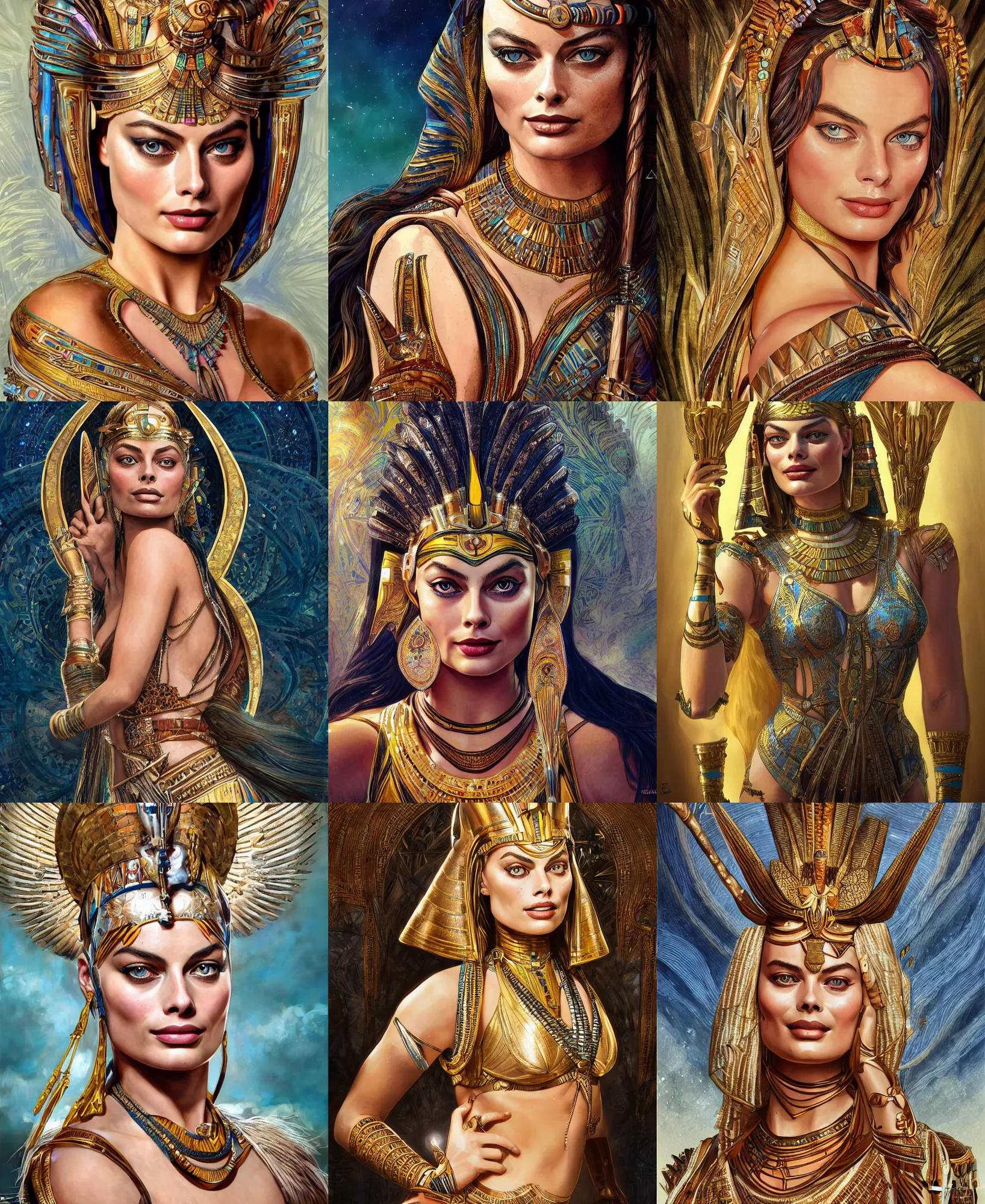 Prompt: Margot Robbie as an Egyptian Goddess, cute, fantasy, intricate, elegant, highly detailed, digital painting, 4k, HDR, concept art, smooth, sharp focus, illustration, art by artgerm and H R Giger and alphonse mucha