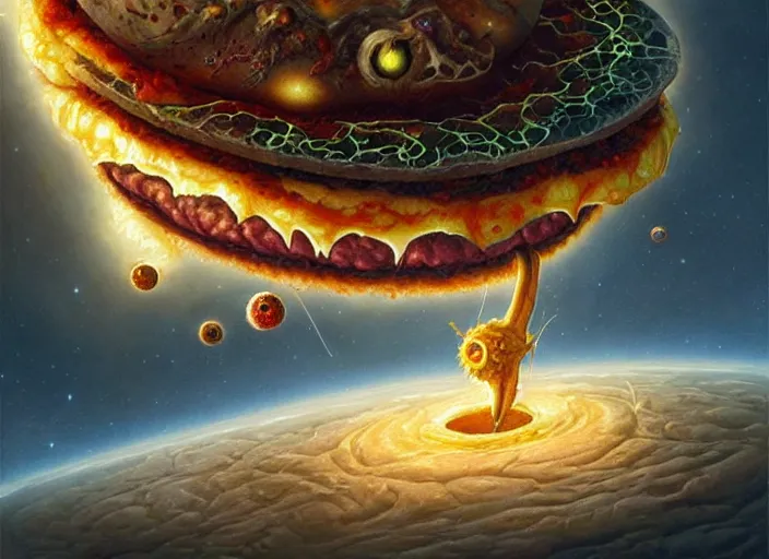 Prompt: the cheeseburger mothership, cosmic horror painting, elegant intricate digital painting artstation concept art by mark brooks and brad kunkle detailed