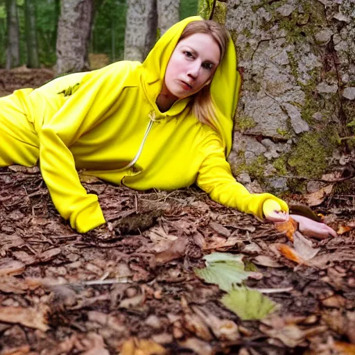 Prompt: young female, lying on the ground in a forest, she is wearing a yellow velor sweat suit, she is mostly covered by dark colored leaves and twigs