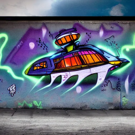 Prompt: alien spaceship, graffiti, from a distance, busy street, detailed, realistic, 4 k