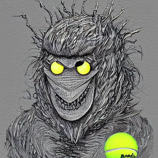 Prompt: a tennis ball monster is a super hero, digital art, fantasy, magic, chalk, trending on artstation, ultra detailed, professional illustration by basil gogos