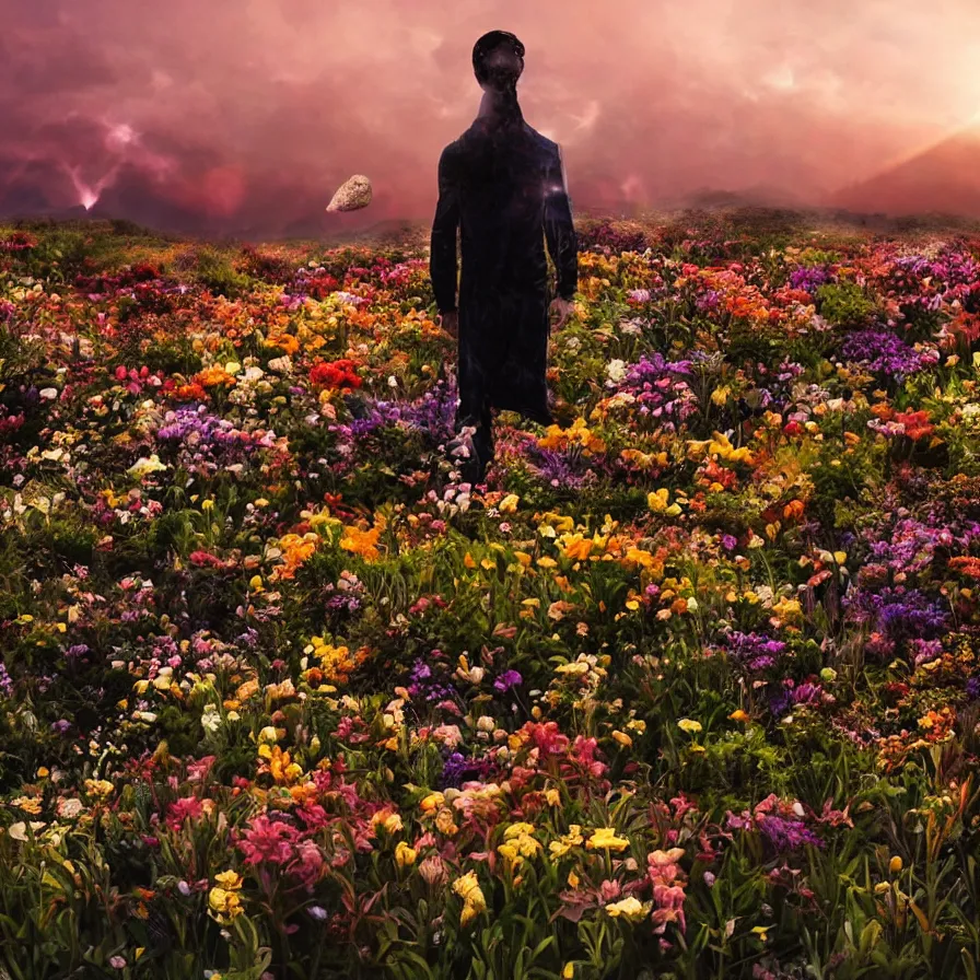 Image similar to a planet of various flowers, fungus and plants, in which the human figure is dressed in something magical and impressive, inside the picture is infinity, sunset light, Atmospheric phenomenon, artistic photography, muted colors, conceptual, long exposure outside the city