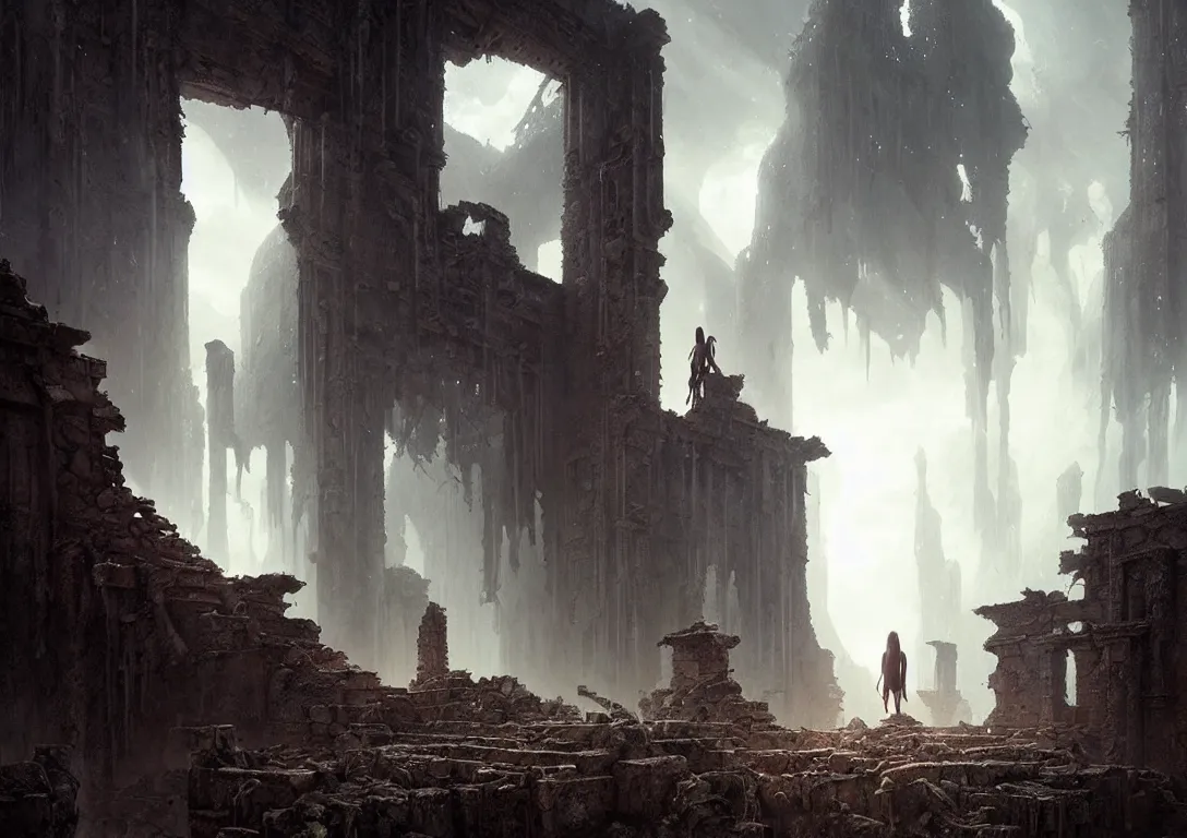 Image similar to lost traveller is exploring lost ruins, close - up on the traveller, there are ruins of ancient civilization!!!, ultra high definition, ultra detailed, symmetry, sci - fi, dark fantasy, in style of heavy metal comic, dark and horror style, metal by greg rutkowski and ross tran