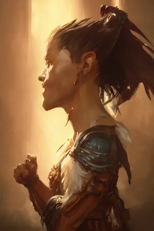 Prompt: dungeons and dragons character side profile portrait, dramatic light, dungeon background, 2 0 0 mm focal length, painted by stanley lau, painted by greg rutkowski, painted by stanley artgerm, digital art, trending on artstation