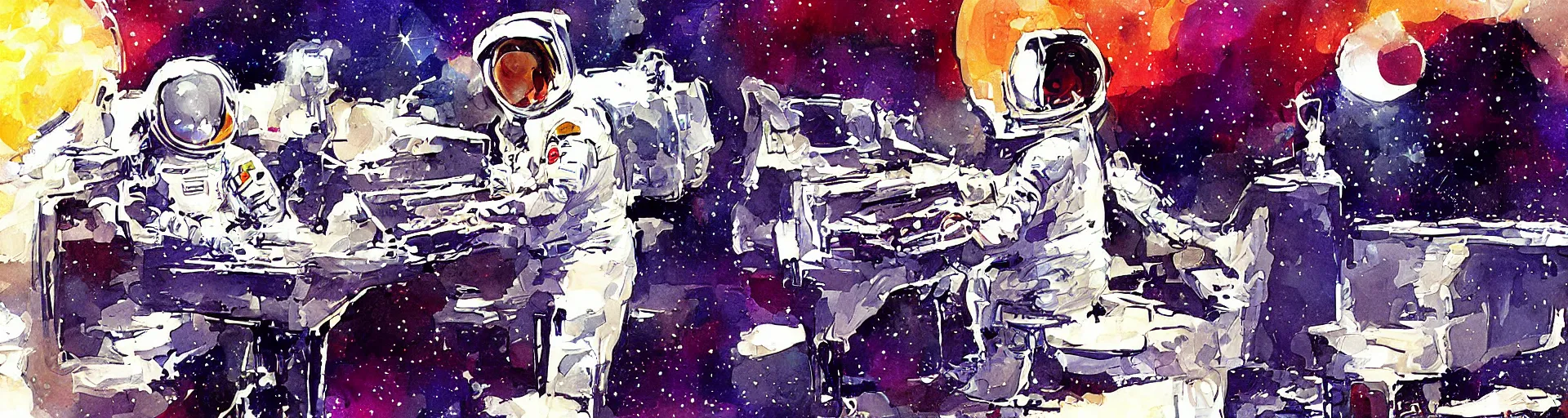 Prompt: an astronaut playing piano in the space, digital painting, digital art, bill sienkiewicz