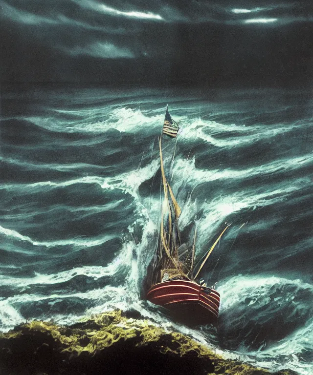 Prompt: ultra realistic color photo of a 1 9 2 5 seiner sailing with the jamaican shoreline with the mouth of a sea cave at the waterline, dark, painted, brooding, atmospheric, seascape, lovecraft, horror, smooth, epic, highly detailed, cinematic, annie lebowitz