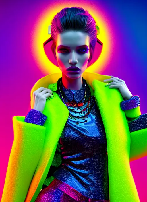 Image similar to coat for a rave, bright colors, many details, prints, photo for a magazine, photo for a store, fashion photography, Vogue, 135 mm, cinematic, hyper realism, high detail, octane render, 8k, chrome accents, very coherent symmetrical artwork, perfect face model, full length photo