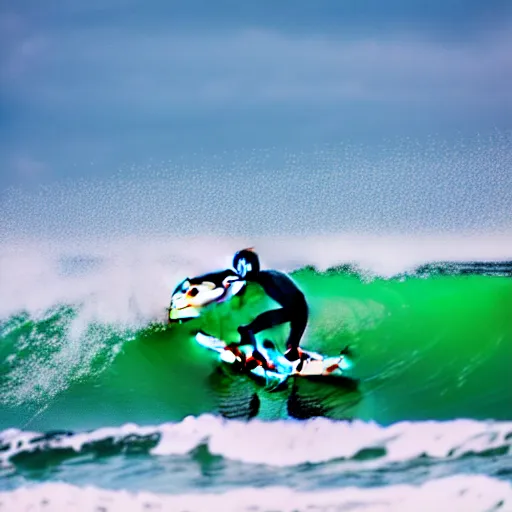 Prompt: photography of a young man surfing a hokusai wave