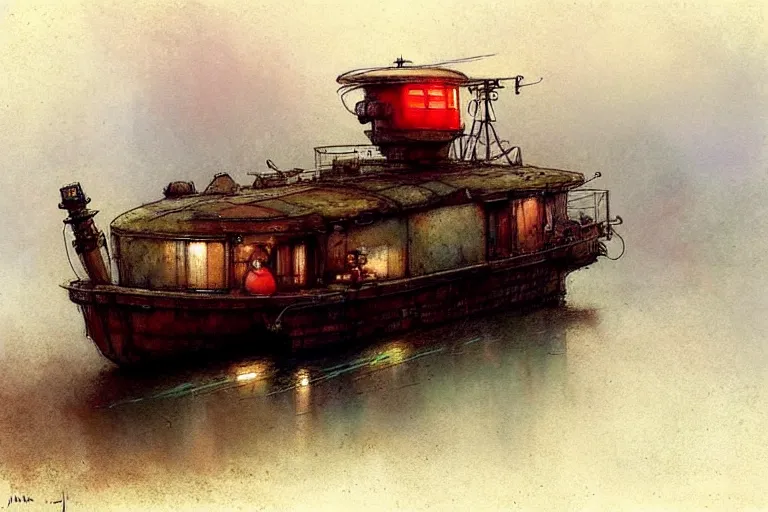 Image similar to adventurer ( ( ( ( ( 1 9 5 0 s retro future robot android mouse house boat tug boat calm stream. muted colors. ) ) ) ) ) by jean baptiste monge!!!!!!!!!!!!!!!!!!!!!!!!! chrome red