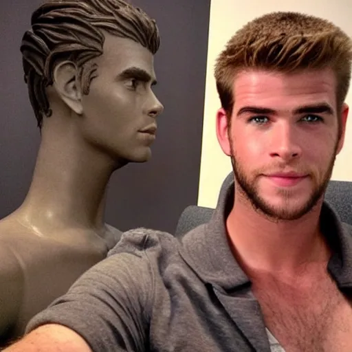 Image similar to “a realistic detailed photo of a guy who is an attractive humanoid who is half robot and half humanoid, who is a male android, actor Liam Hemsworth, shiny skin, posing like a statue, blank stare, at the museum, on display”